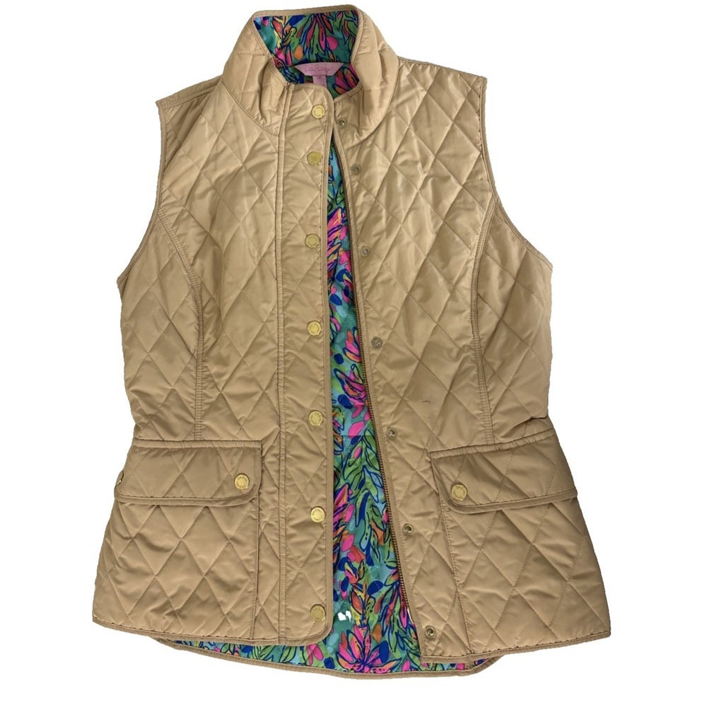 Lilly Pulitzer Quilted Vest Womens‎ Medium Tan Floral Snap Zip Preppy Coastal
